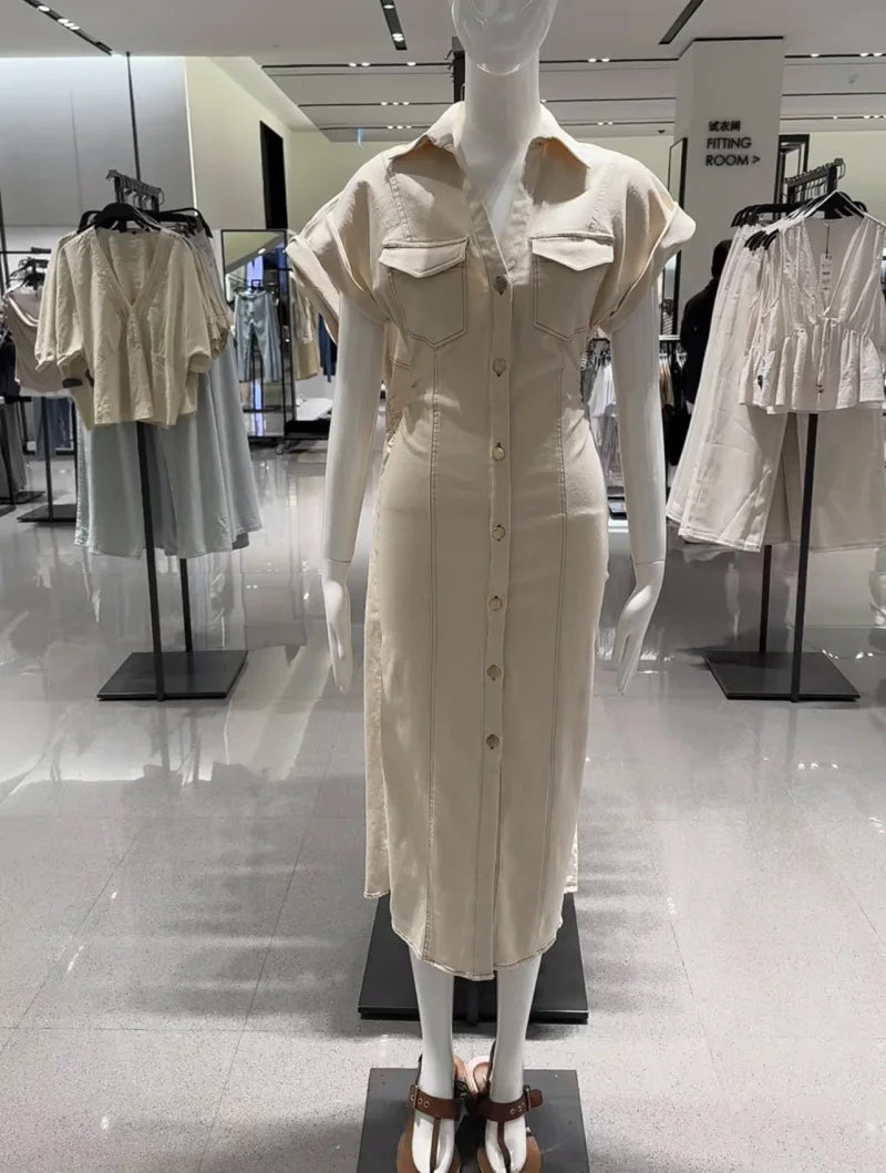 Vestido jeans midi feminino bege ETJ com botões frontais e mangas curtas em forma de mao