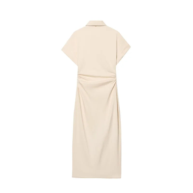 Vestido jeans midi feminino ETJ na cor bege com design longo e ajuste na cintura