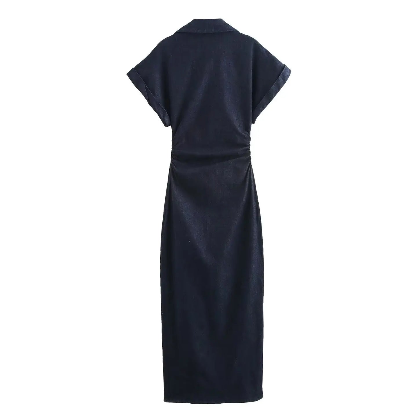 Vestido jeans midi feminino ETJ azul escuro com manga curta e modelagem ajustada