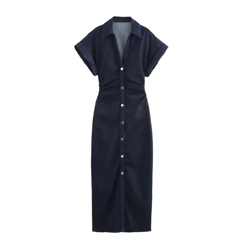 Vestido jeans midi feminino ETJ em azul escuro com botões frontais e mangas curtas dobradas