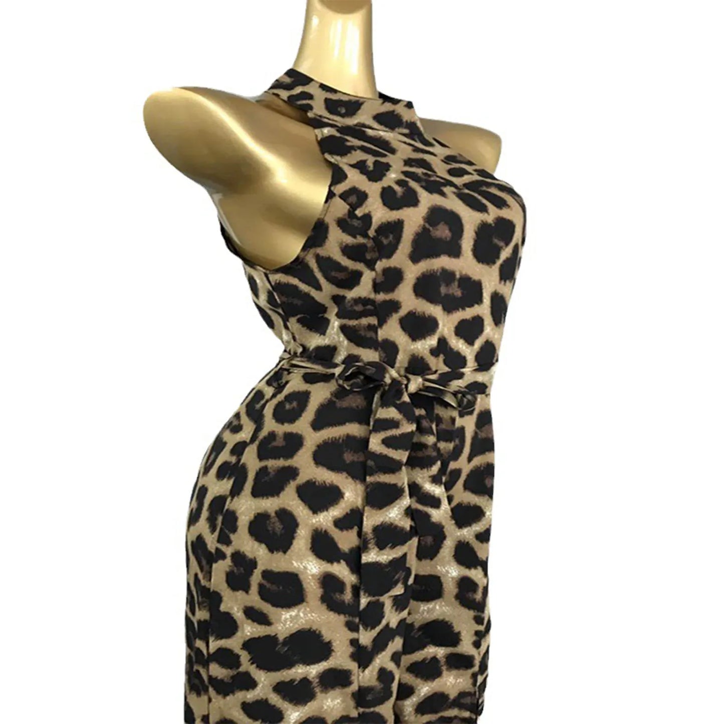 Vestido leopardo sem mangas da ELSVIOS com cintura ajustável e design elegante