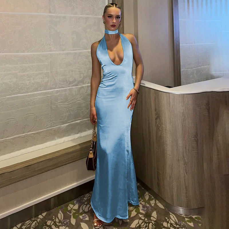 Vestido longo feminino cetim azul com decote e alças elegantes para ocasiões especiais