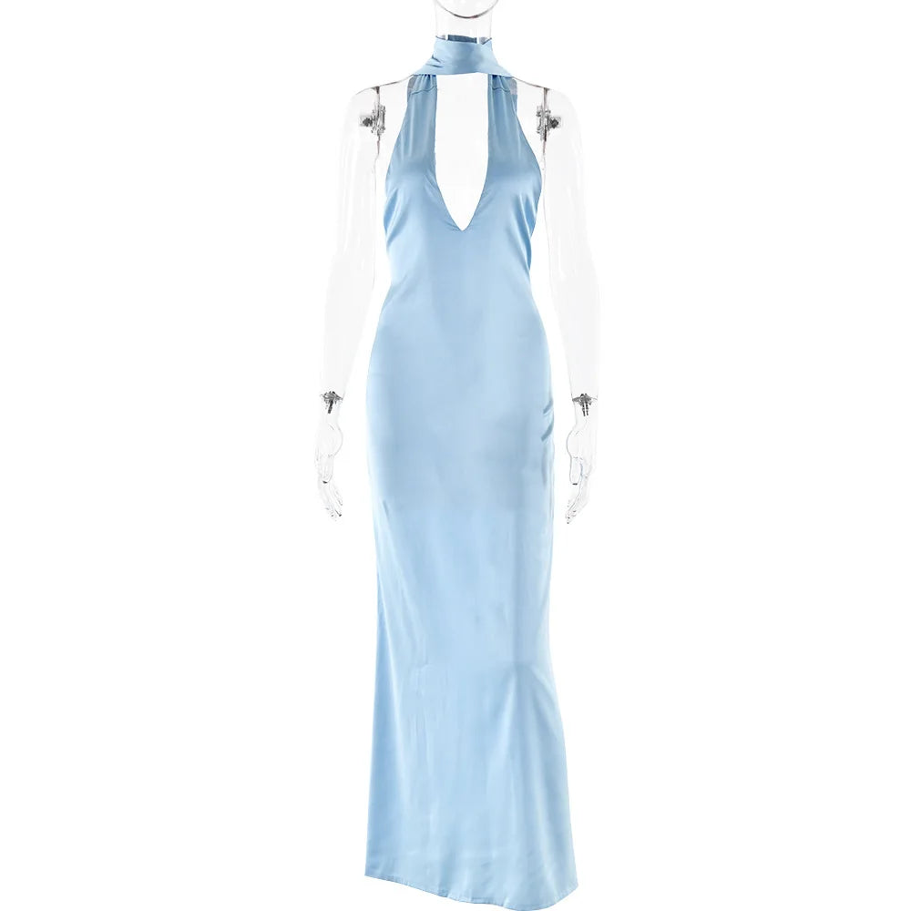 Vestido longo feminino cetim azul com decote profundo e design elegante para ocasiões especiais
