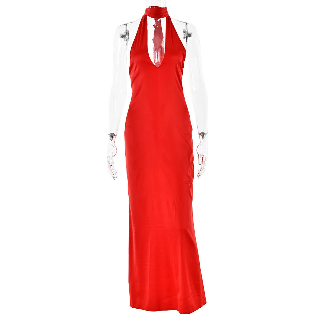 Vestido longo feminino cetim vermelho com decote em V e alças finas, ideal para ocasiões especiais.