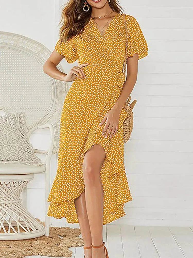 Vestido maxi floral feminino amarelo com estampa de bolinhas e fenda lateral elegante
