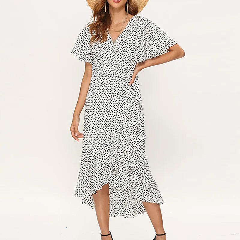 Vestido maxi floral feminino da DOZW, com estampa de bolinhas, mangas largas e detalhe em babados