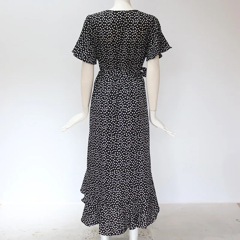 Vestido maxi floral feminino com mangas bufantes e estampa de bolinhas atrás, estilo elegante e confortável