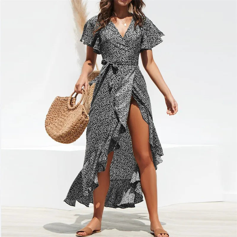 Vestido maxi floral feminino da DOZW com detalhes em babados e estampa elegante