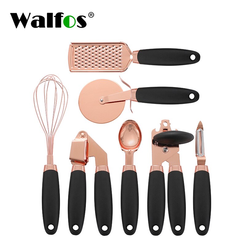 Jogo de utensílios de cozinha Walfos com 7 peças, incluindo prensa de alho e cortador de pizza em design moderno.