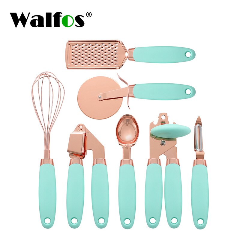 Jogo de utensílios de cozinha com 7 peças incluindo prensa de alho e cortador de pizza em verde e dourado
