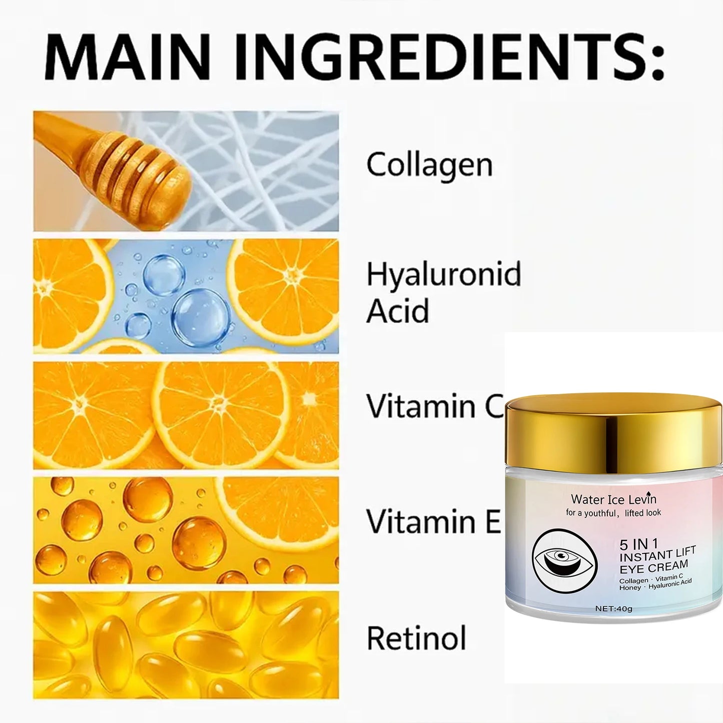 Creme rejuvenescedor 5 em 1 para área dos olhos com colágeno, ácido hialurônico e vitaminas.