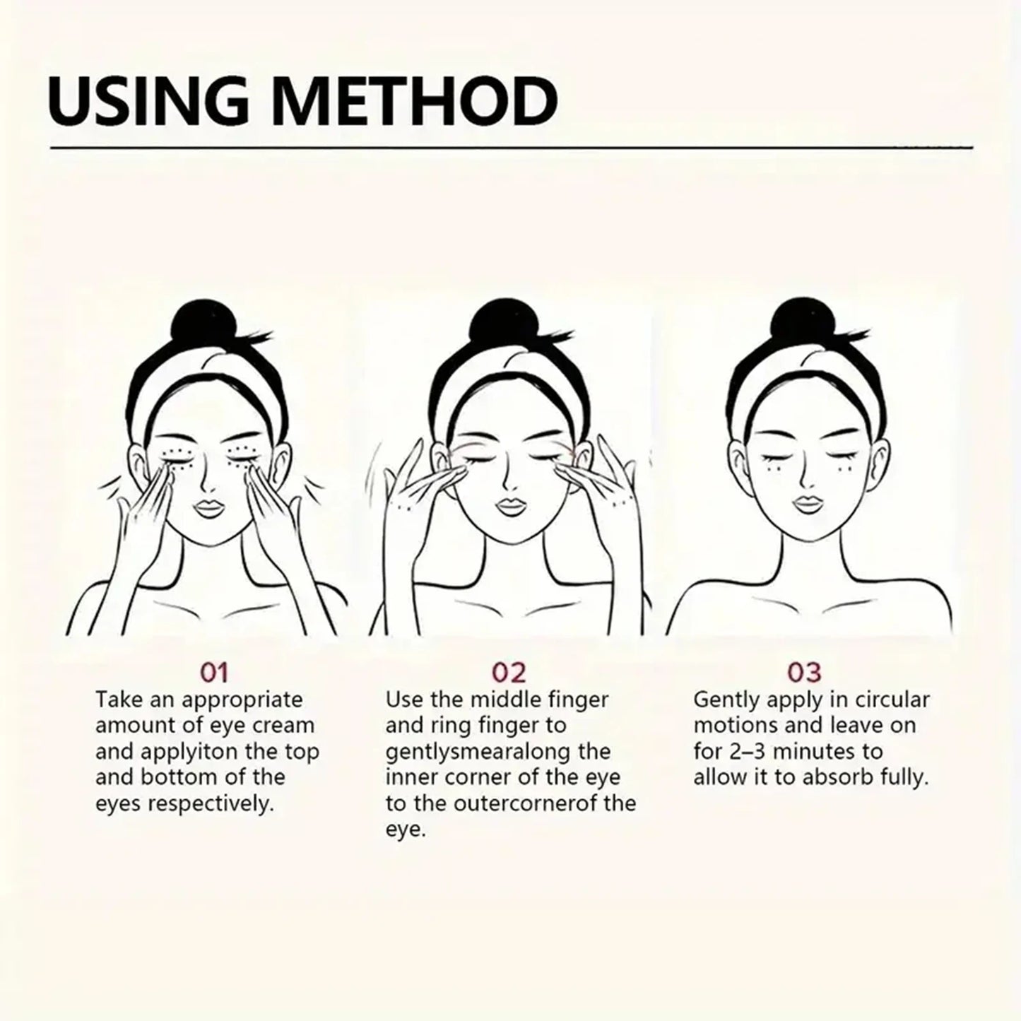 Instruções de uso do creme rejuvenescedor 5 em 1 para área dos olhos com aplicação em movimentos circulares