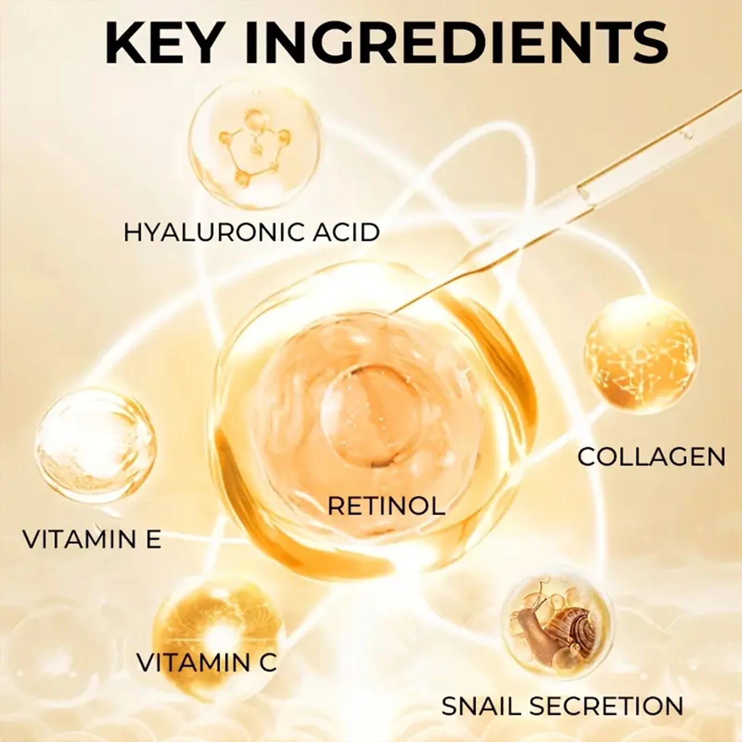 Creme de tratamento da pele facial com ingredientes chave como vitamina C e E, colágeno e ácido hialurônico
