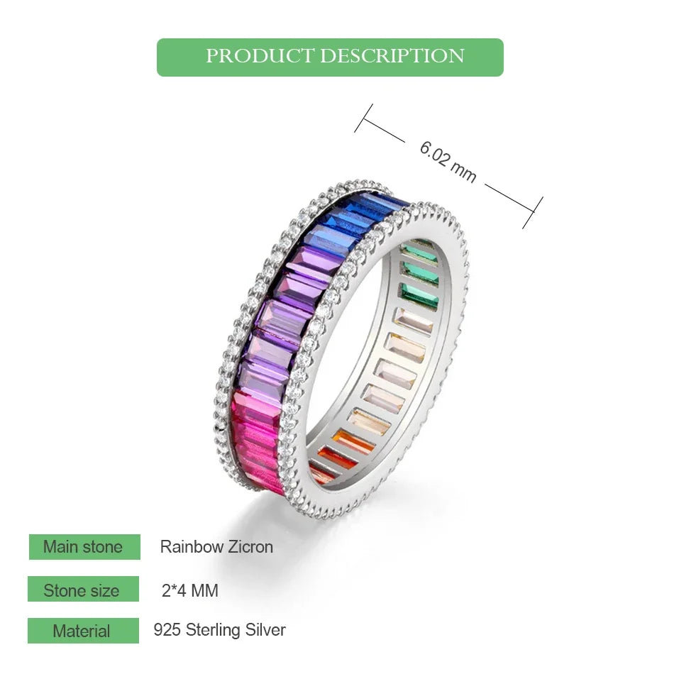 Anel feminino de prata esterlina com zircônia arco-íris e design moderno de 2x4 mm
