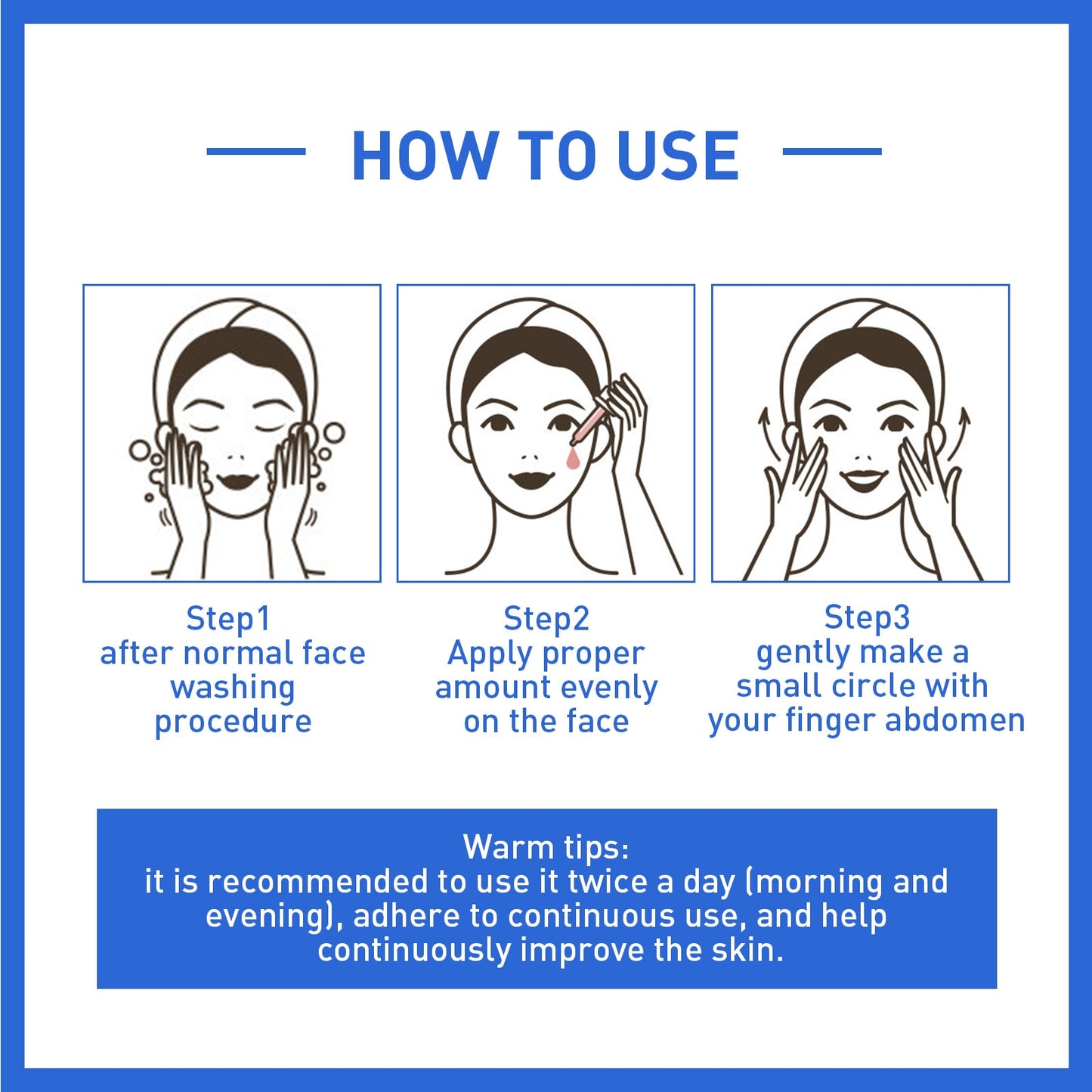 Instruções de uso do soro facial antienvelhecimento LANBENA com três etapas para aplicação adequada