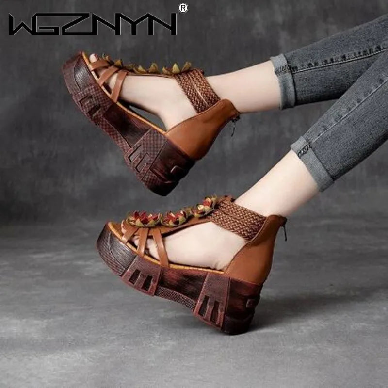 Sandálias femininas WGZNYN estilo gladiadoras plataforma em couro com detalhes coloridos para conforto e estilo