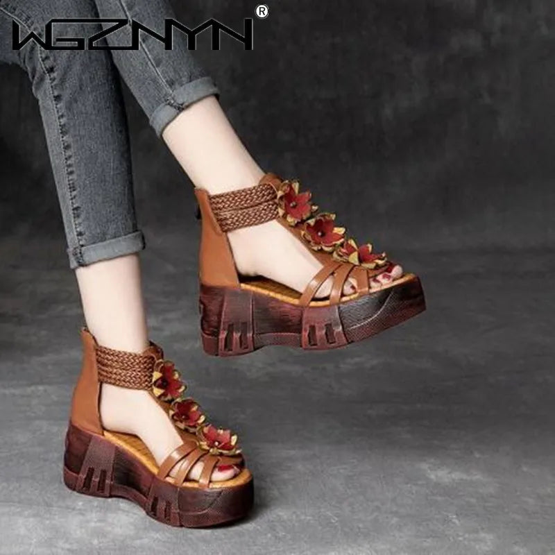 Sandálias femininas WGZNYN com plataforma e flores, estilo sapatos gladiadoras plataforma