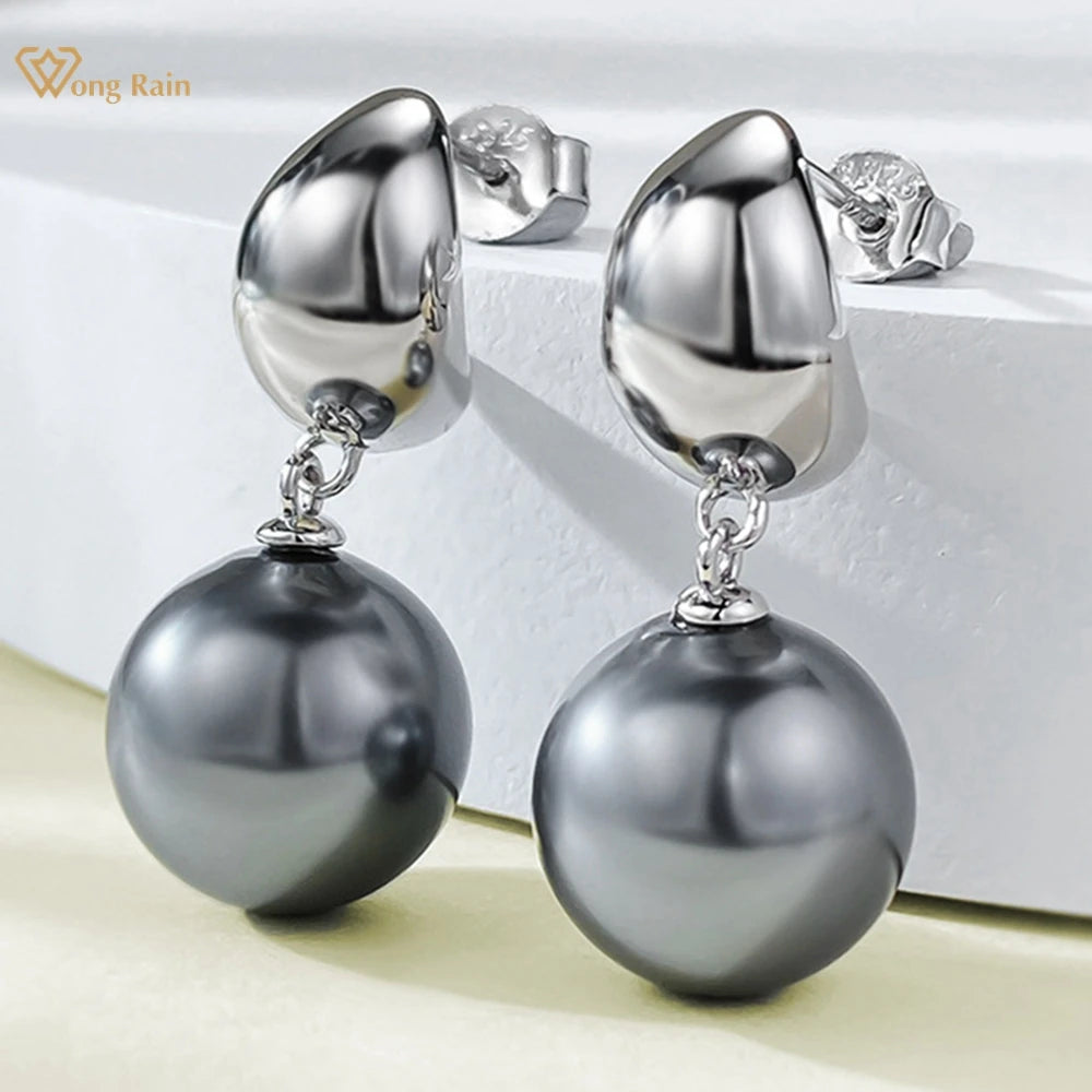 Brincos femininos prata 925 com pérolas escuras penduradas, elegantes e modernos