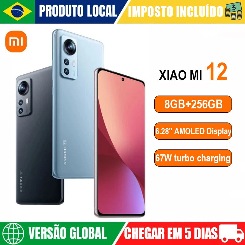 Smartphone Xiaomi Mi 12 com tela AMOLED de 6,28 polegadas e 8GB de RAM, 256GB de armazenamento