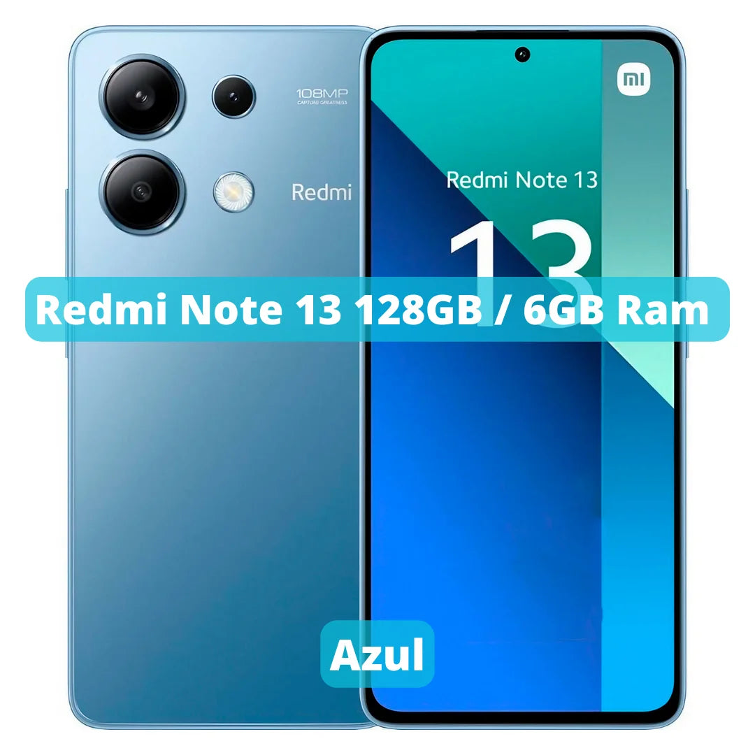 Smartphone Xiaomi Redmi Note 13 em azul com 128GB de armazenamento e 6GB de RAM