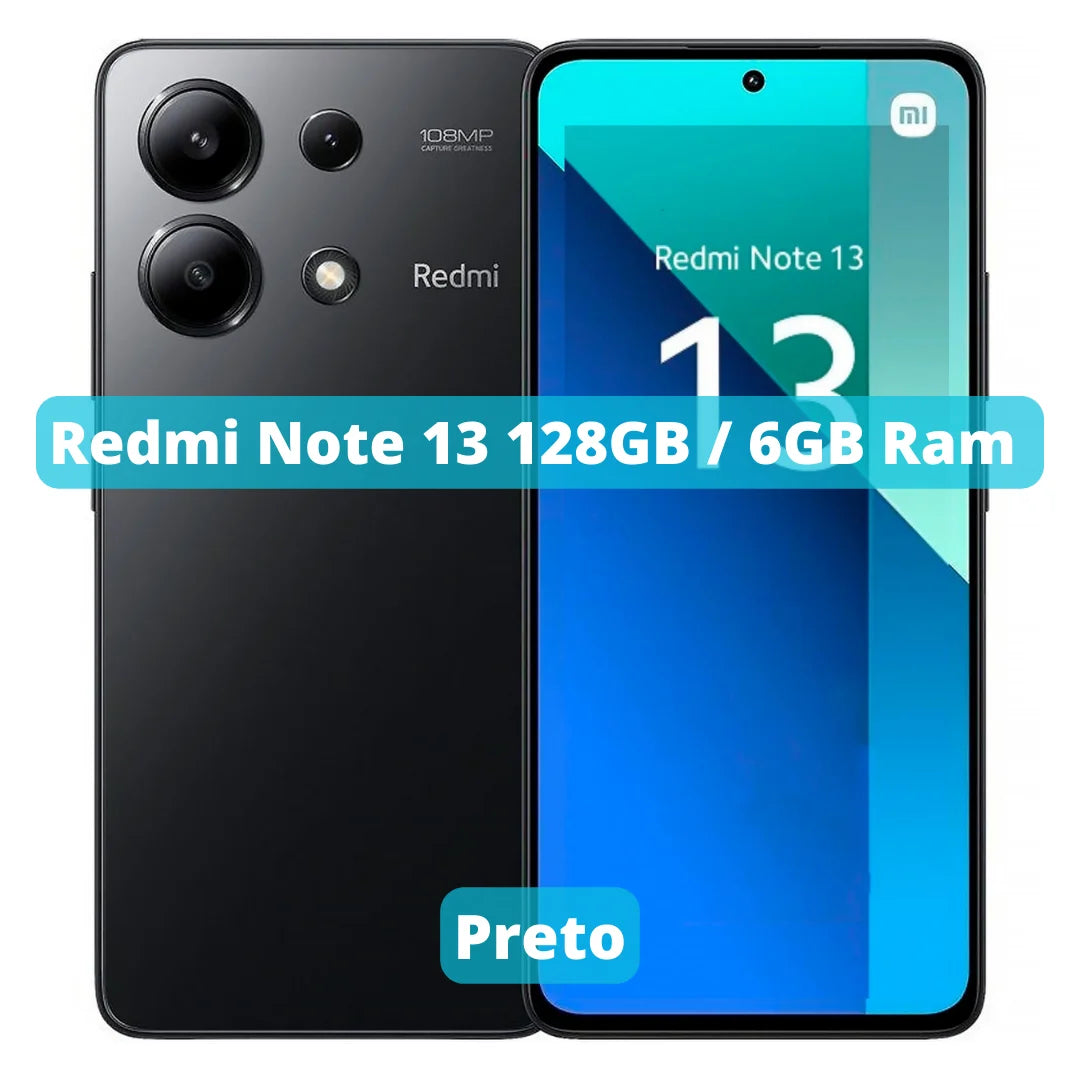 Smartphone Xiaomi Redmi Note 13 128GB com 6GB de RAM na cor preta.