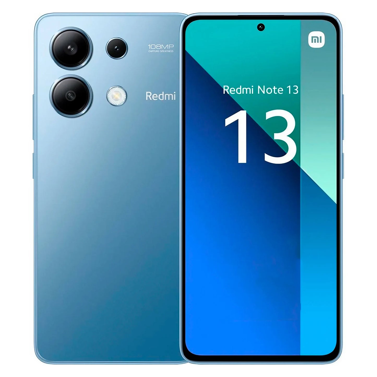 Smartphone Xiaomi Redmi Note 13 em azul com câmera de 108MP e tela grande