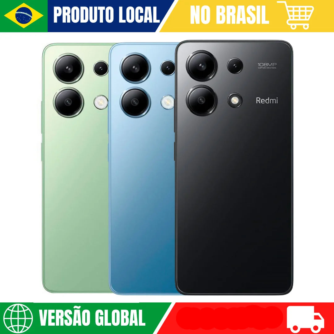 Smartphone Xiaomi Redmi Note 13 disponível em verde, azul e preto com câmeras de 10 MP