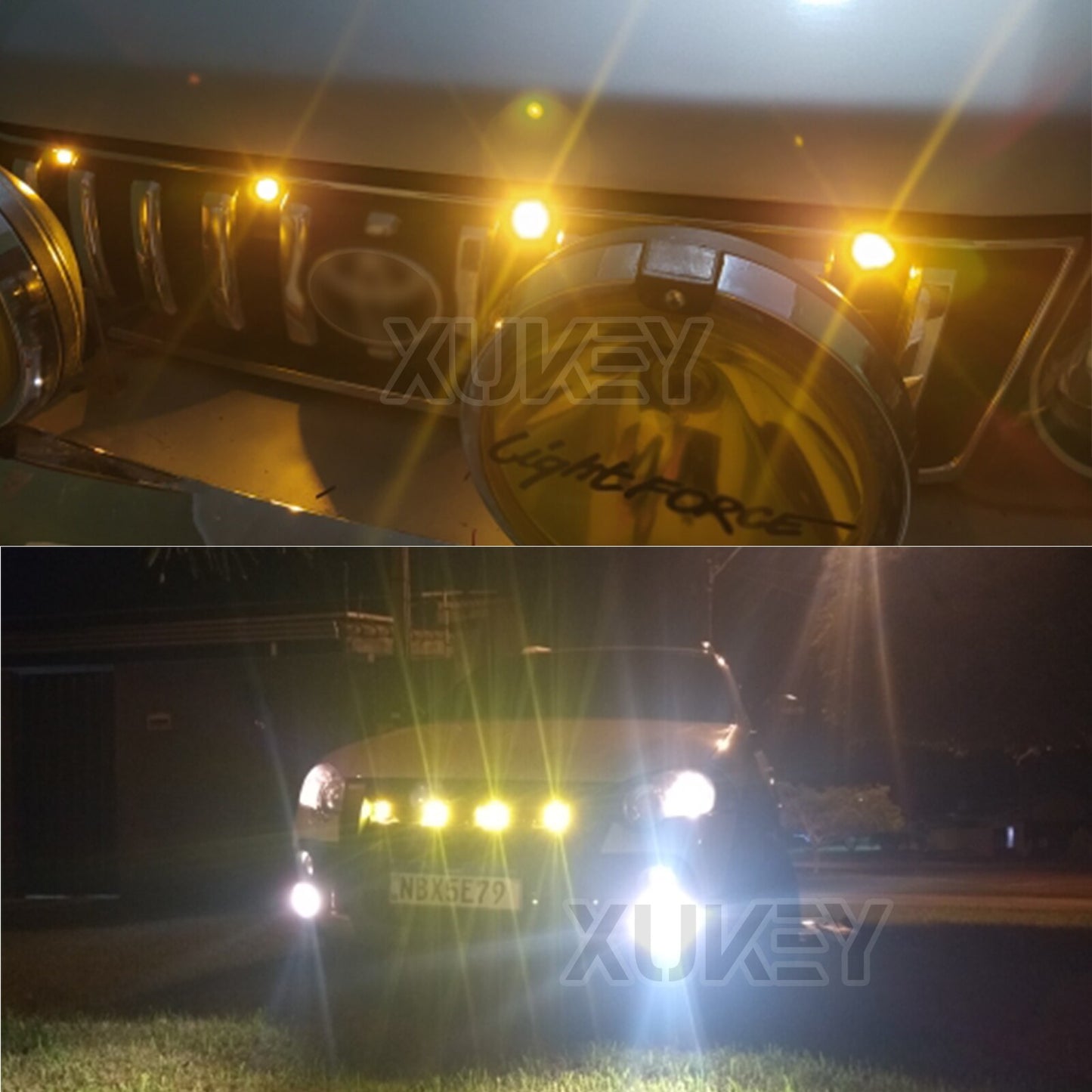 Faróis automotivos de neblina AUTOXBERT com iluminação frontal âmbar LED para carro, ideal para visibilidade em neblina.