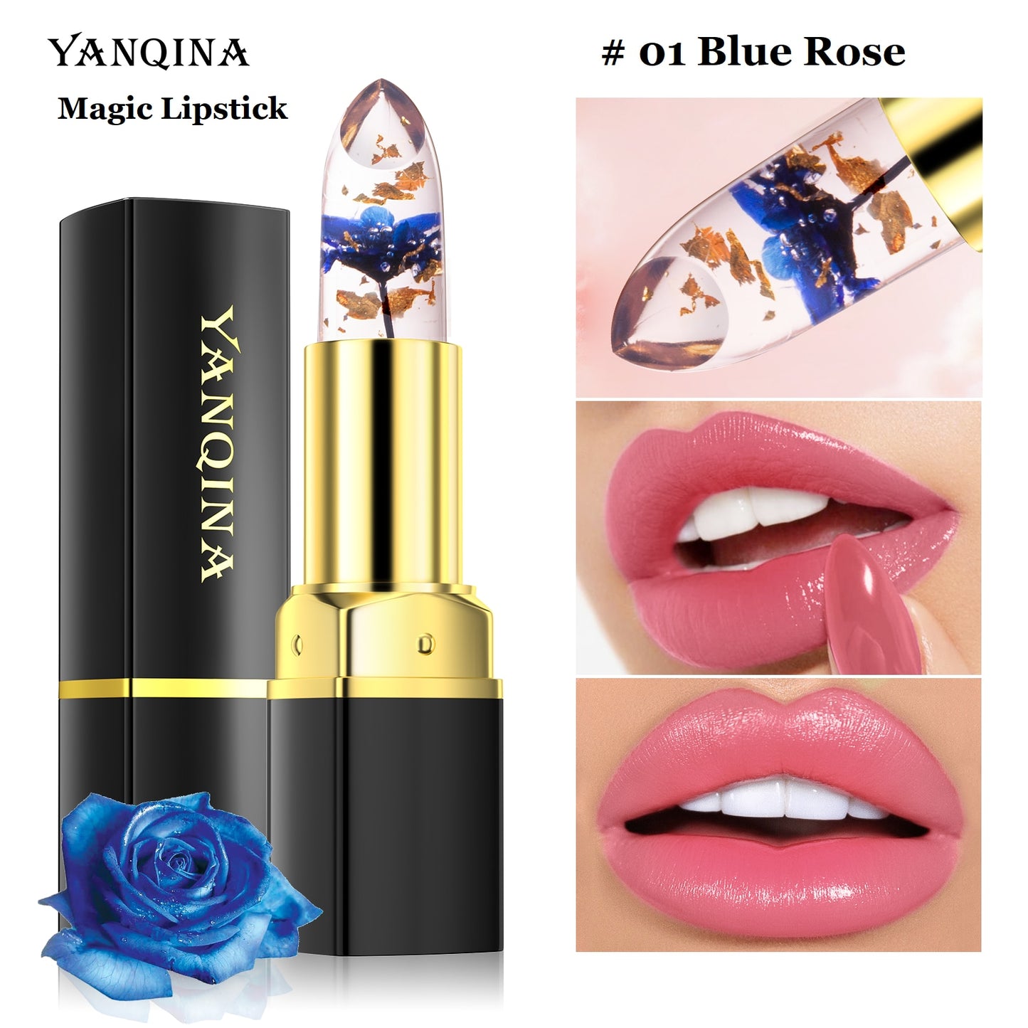 Batom Magia Mudando Cor da YANQINA, com efeito hidratante e tonalidade rosa vibrante.