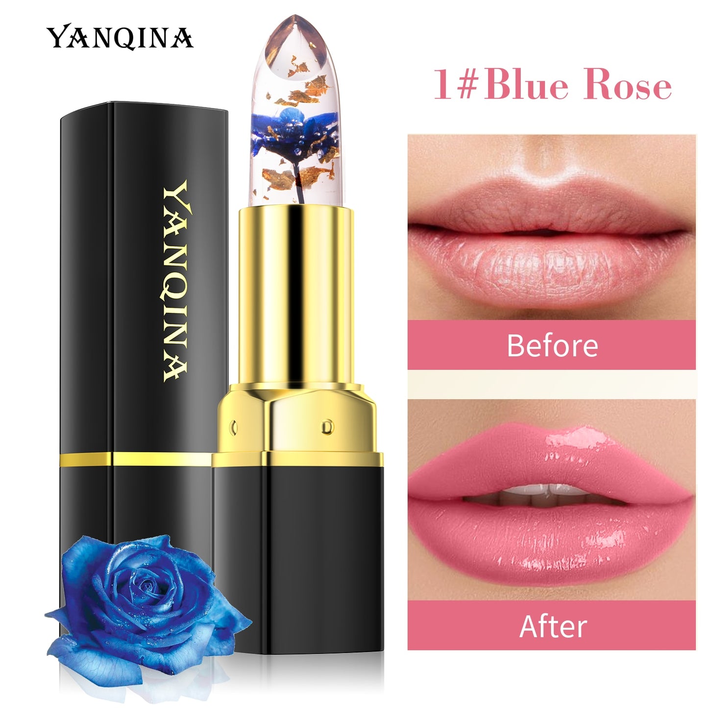 Batom Solido YANQINA Batom Magia Mudando Cor com Efeito de Rosa Azul antes e depois