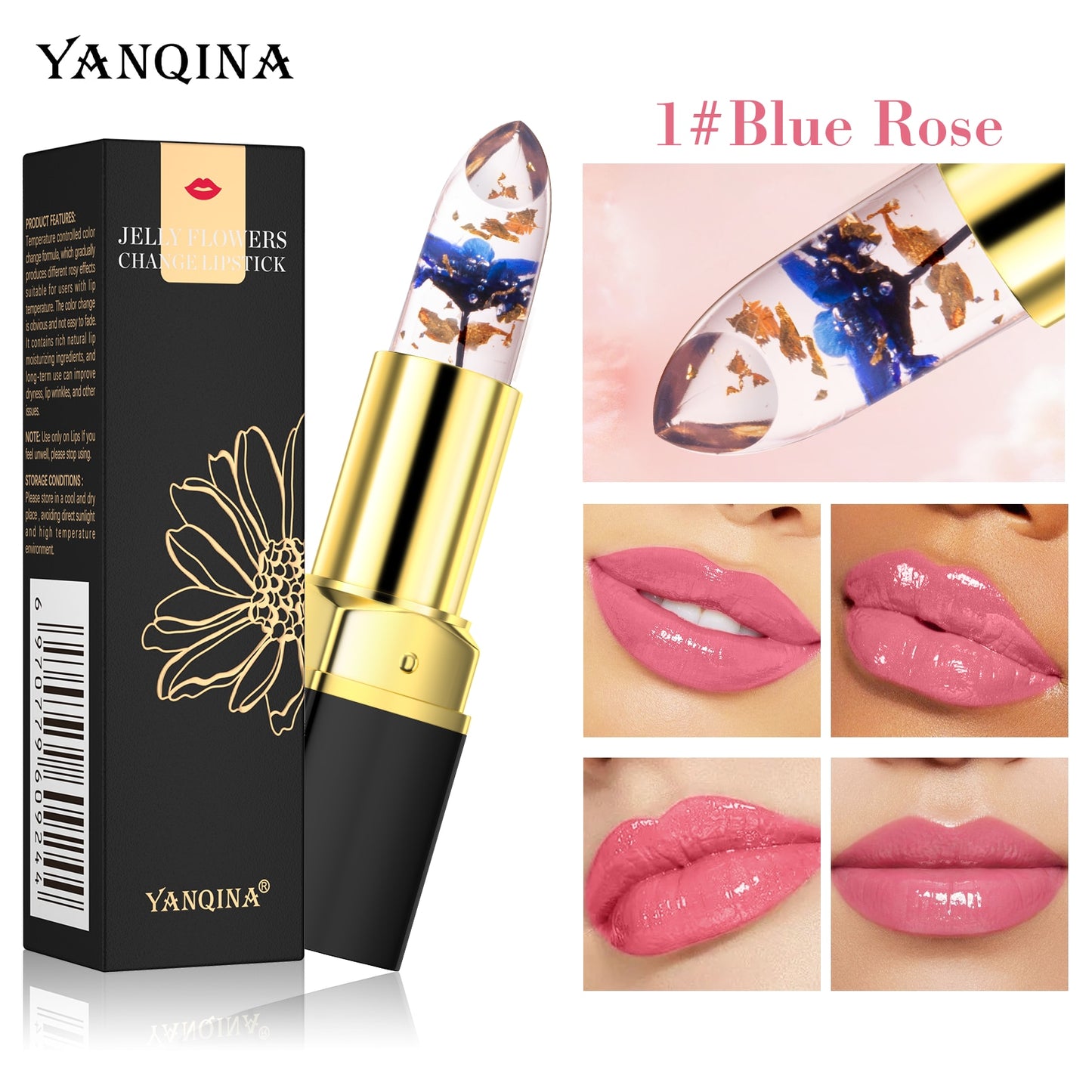 Batom Sólido YANQINA Magia Mudando Cor 1#Blue Rose com flores em gel, tons rosa e acabamento brilhante