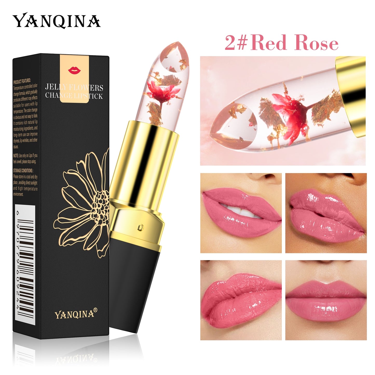 Batom Magia Mudando Cor da YANQINA na cor 2#Red Rose com flores em gel e acabamento brilhante