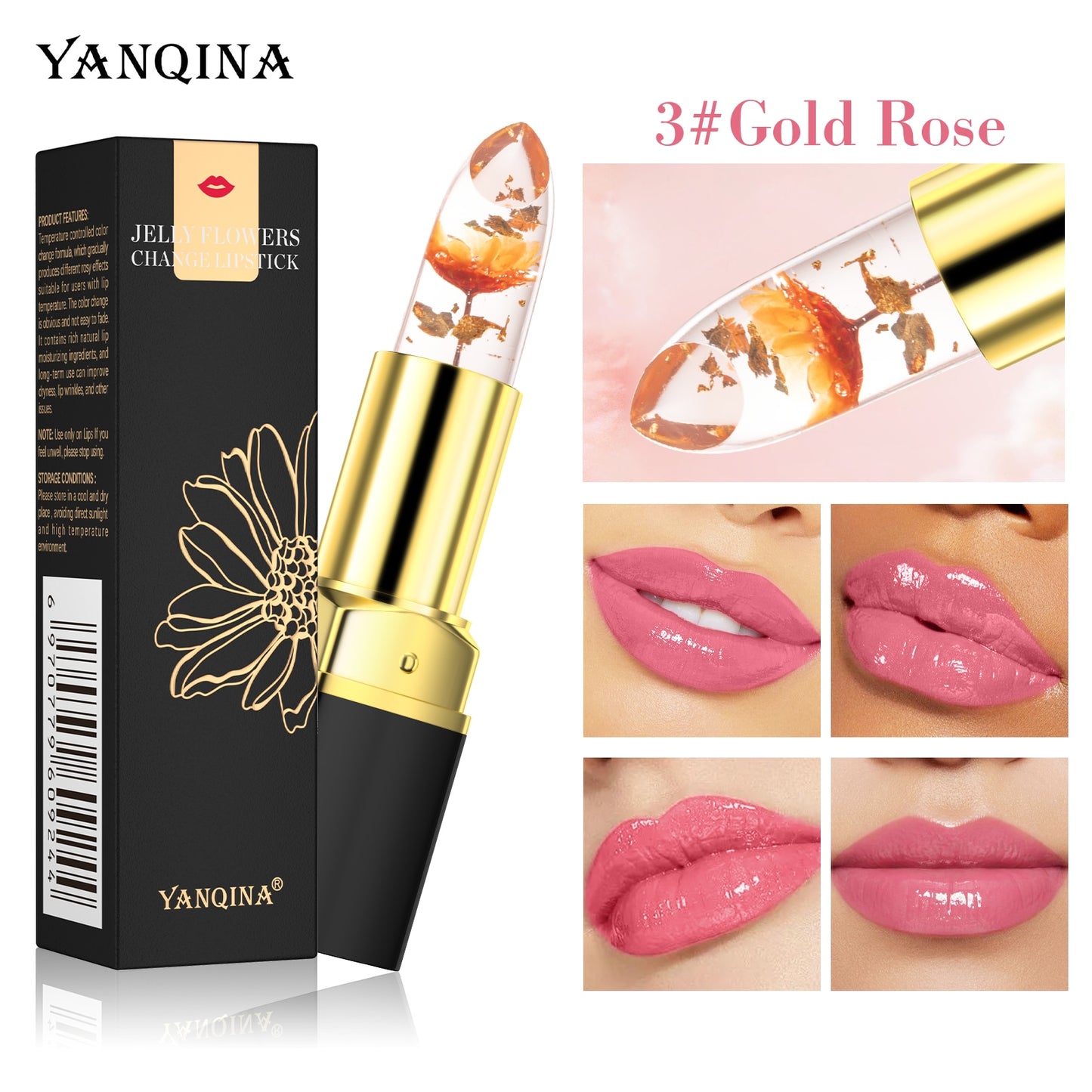 Batom Magia Mudando Cor da YANQINA, cor 3# Gold Rose, com flores em gel e acabamento brilhante