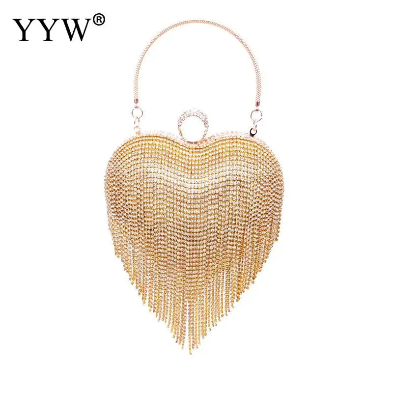 Bolsa de noite feminina em forma de coração com detalhes em strass dourado e alça delicada
