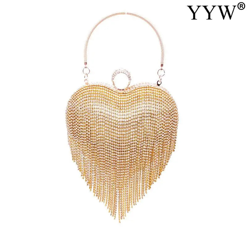 Bolsa de noite feminina dourada com design coração e detalhes de strass para eventos especiais