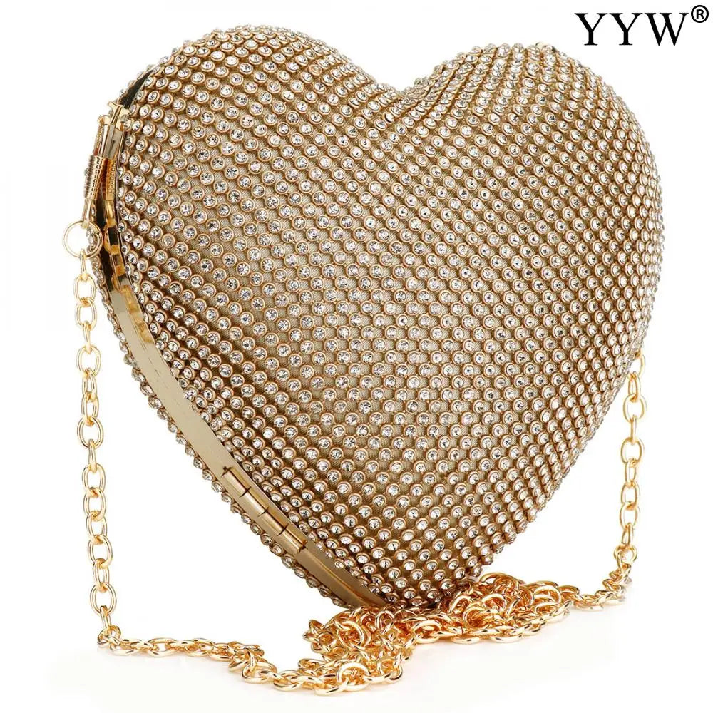 Bolsa feminina de luxo em forma de coração com adornos brilhantes e alça de corrente dourada