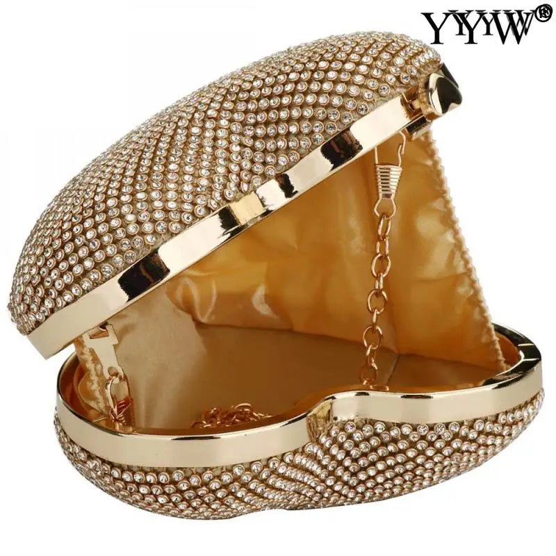 Bolsa feminina de luxo com detalhes em strass e fecho dourado, ideal para eventos elegantes
