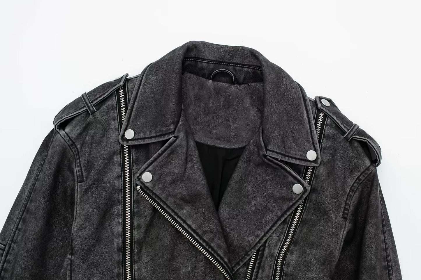 Jaqueta francesa angustiada feminina da ZJZY em estilo motoqueiro, preta com zíper e detalhes em metal