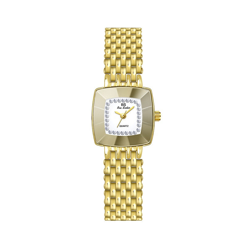 Relógio de pulso feminino 2025 da BS com pulseira dourada e mostrador decorado com strass