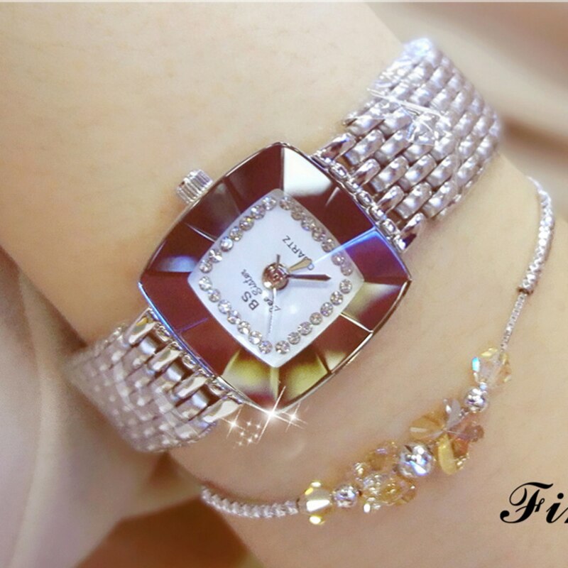 Relógio de pulso feminino 2025 da BS com design quadrado e detalhes em strass para um toque elegante