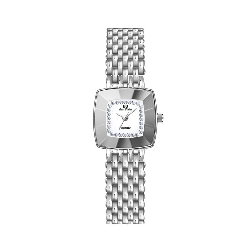 Relógio de pulso feminino 2025 da BS com design quadrado e pulseira prateada brilhante
