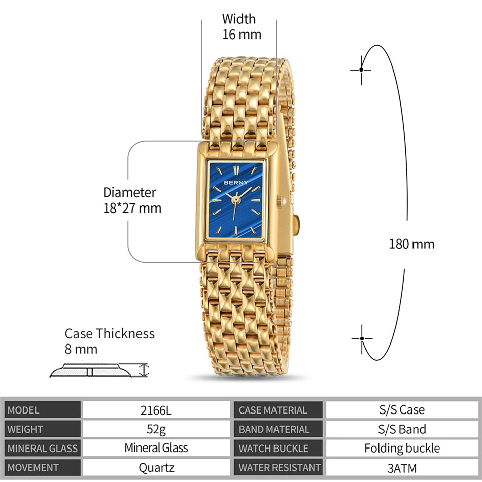 Relógio de pulso feminino BERNY com mostrador azul e pulseira dourada em aço inoxidável