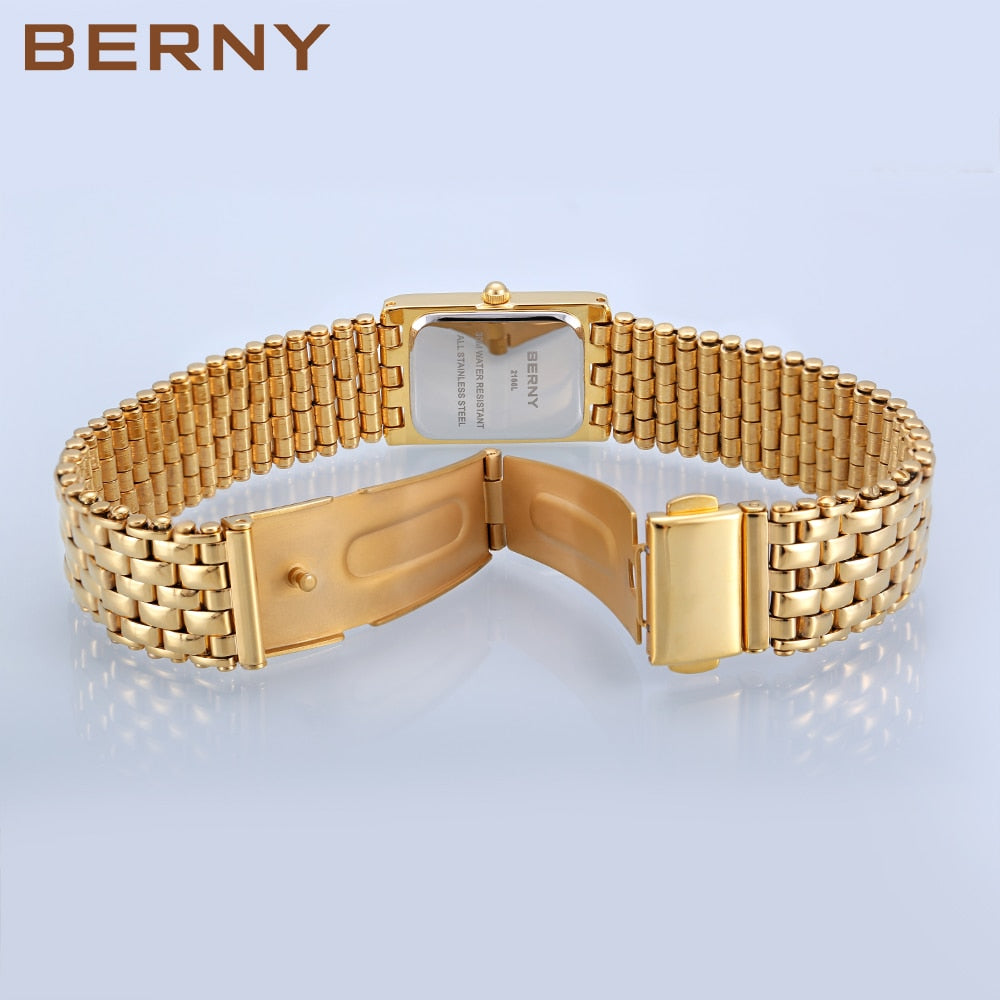 Relógio de pulso feminino BERNY com pulseira dourada e fecho elegante para uso diário