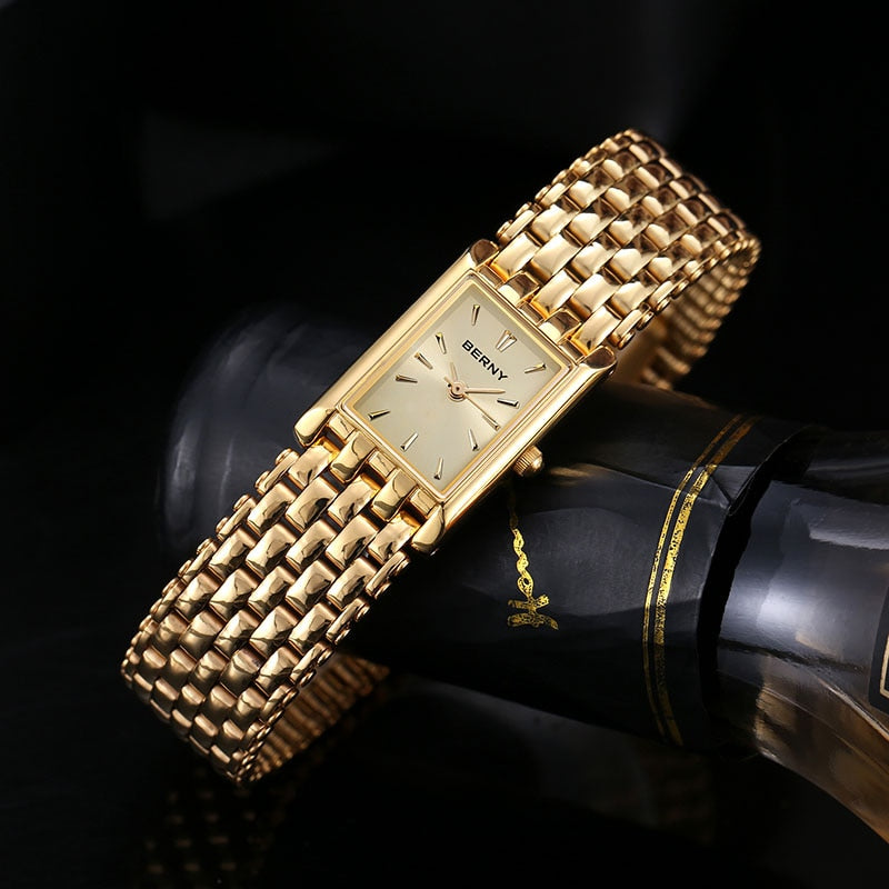 Relógio de pulso feminino BERNY com bracelete dourado e mostrador retangular elegante