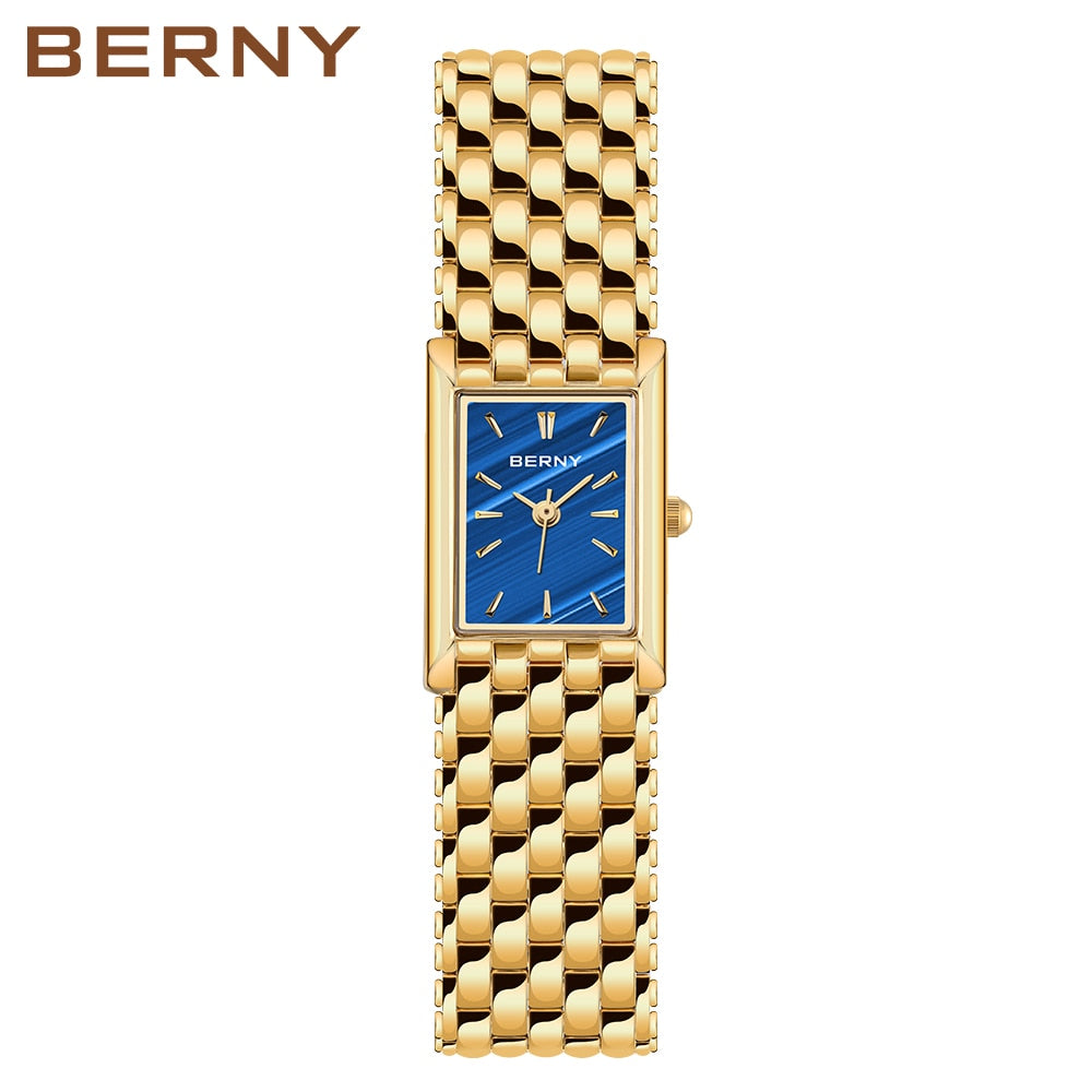 Relógio de pulso feminino BERNY com caixa dourada e pulseira em malha, mostrador azul elegante