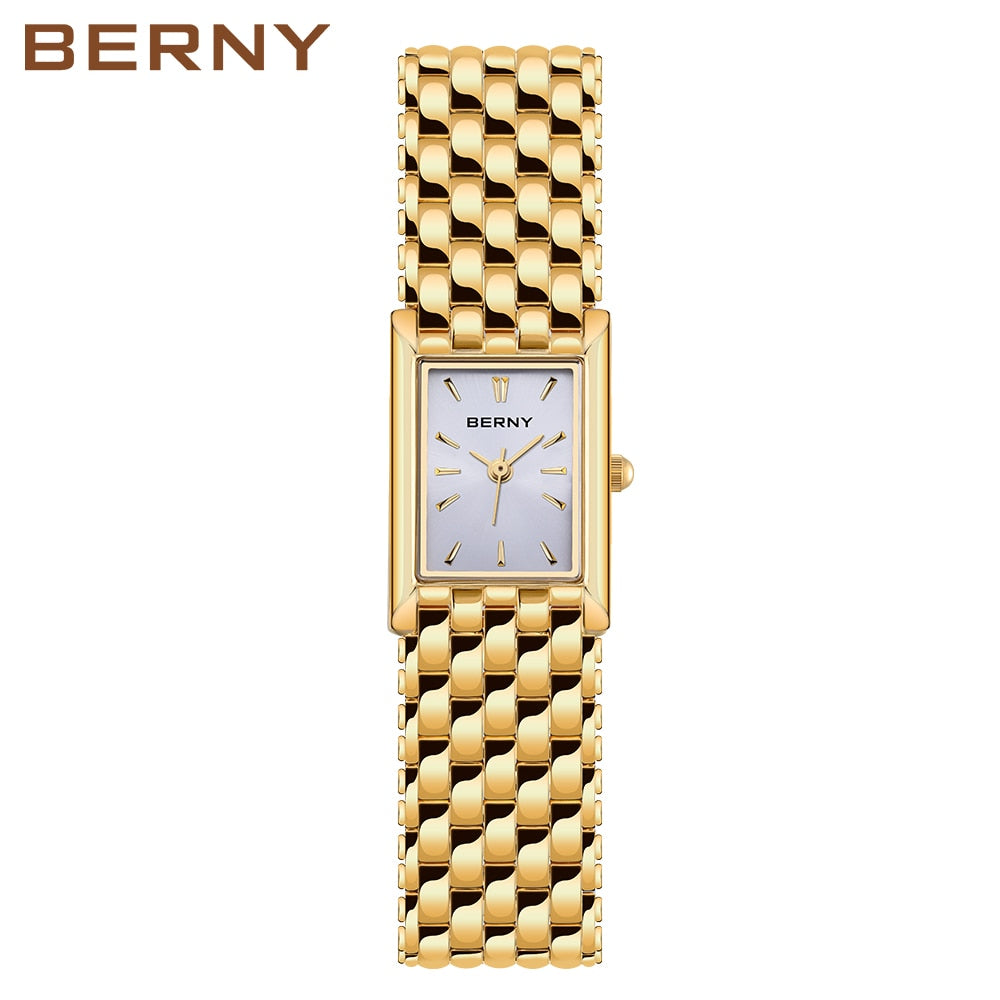Relógio de pulso feminino BERNY com pulso dourado e mostrador retangular branco
