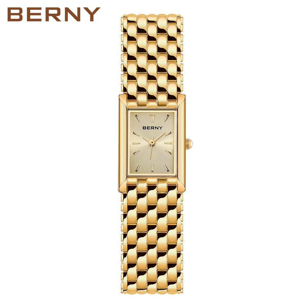 Relógio de pulso feminino BERNY em dourado com design retangular e pulseira entrelaçada