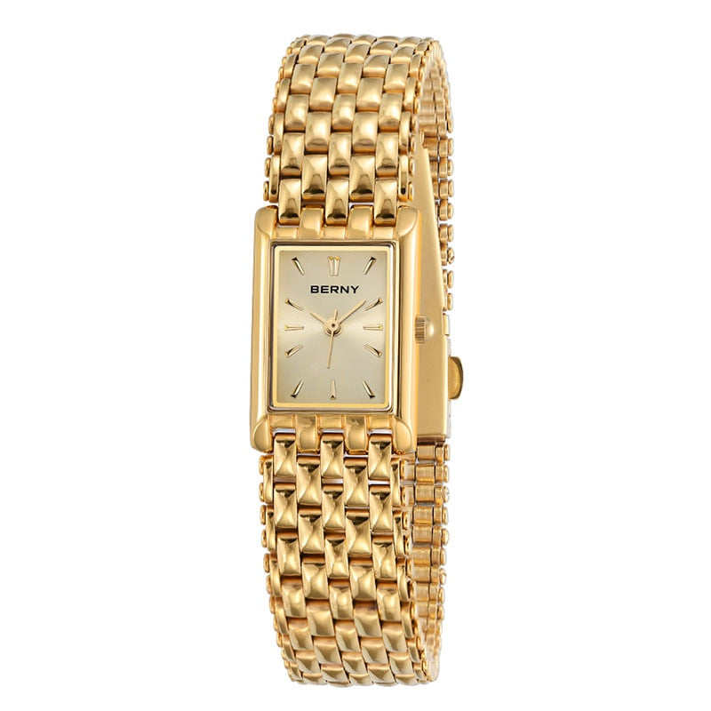 Relógio de pulso feminino BERNY com pulseira dourada e mostrador retangular elegante