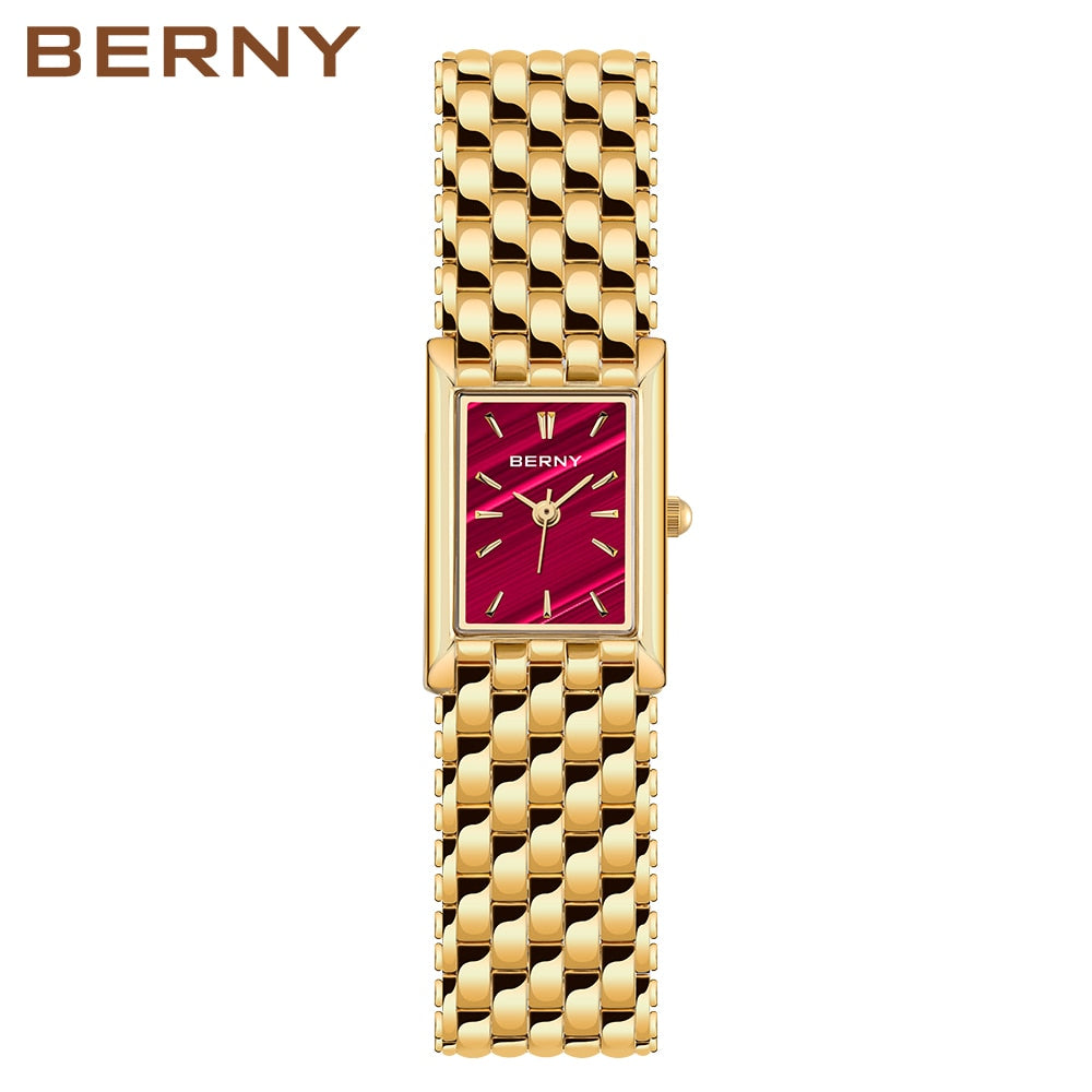 Relógio de pulso feminino BERNY com caixa retangular dourada e mostrador vermelho elegante