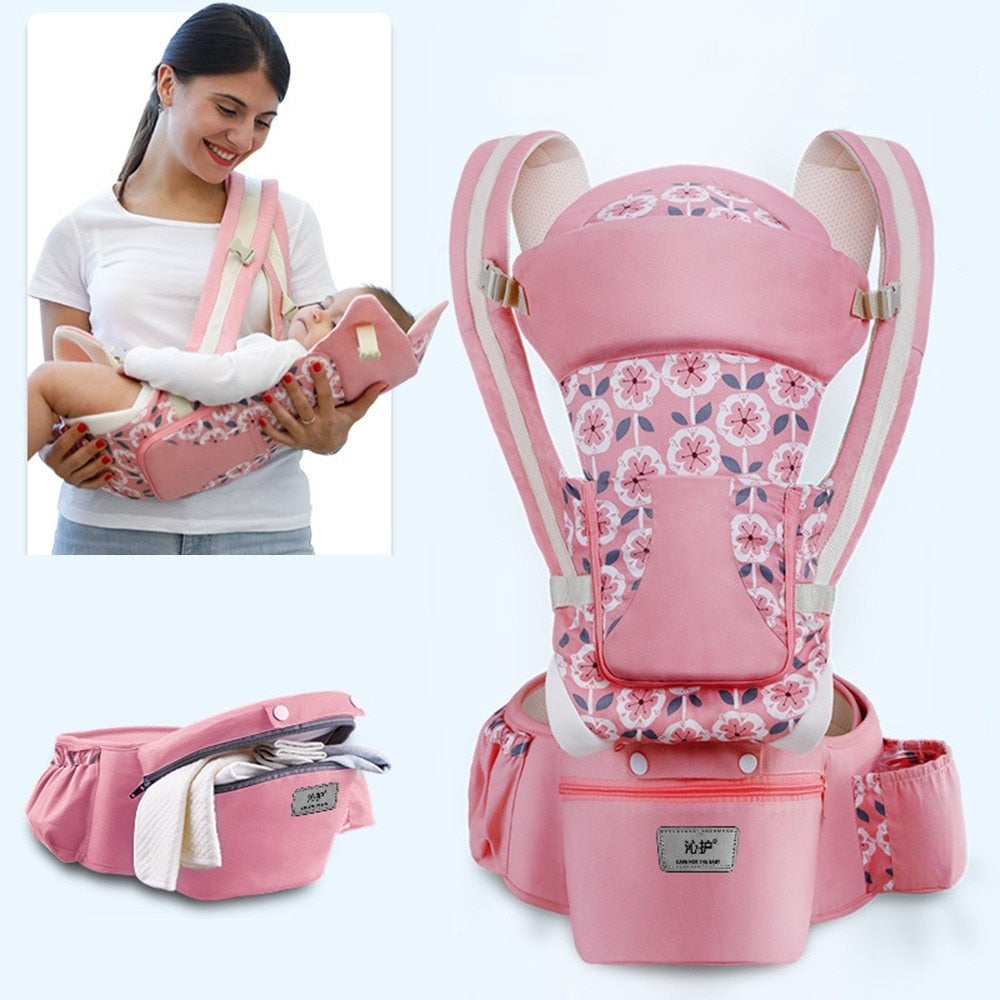 Mochila ergonômica DAJINBEAR rosa com canguru com assento de quadril para transporte confortável de bebês.